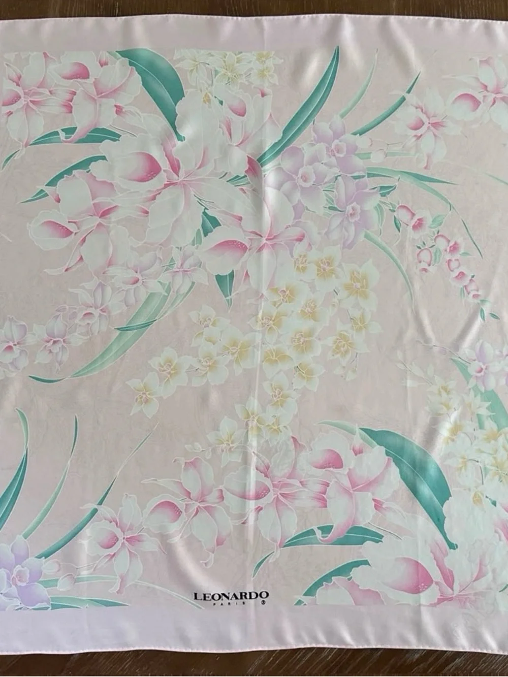 Leonardo Paris Silk Scarf Pink Beige Hand Rolled Made in France